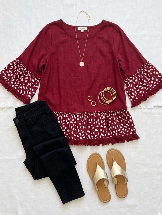Umgee Tops - UMGEE Linen Ruffled Hem Top with Animal Print Bell SLEEVES